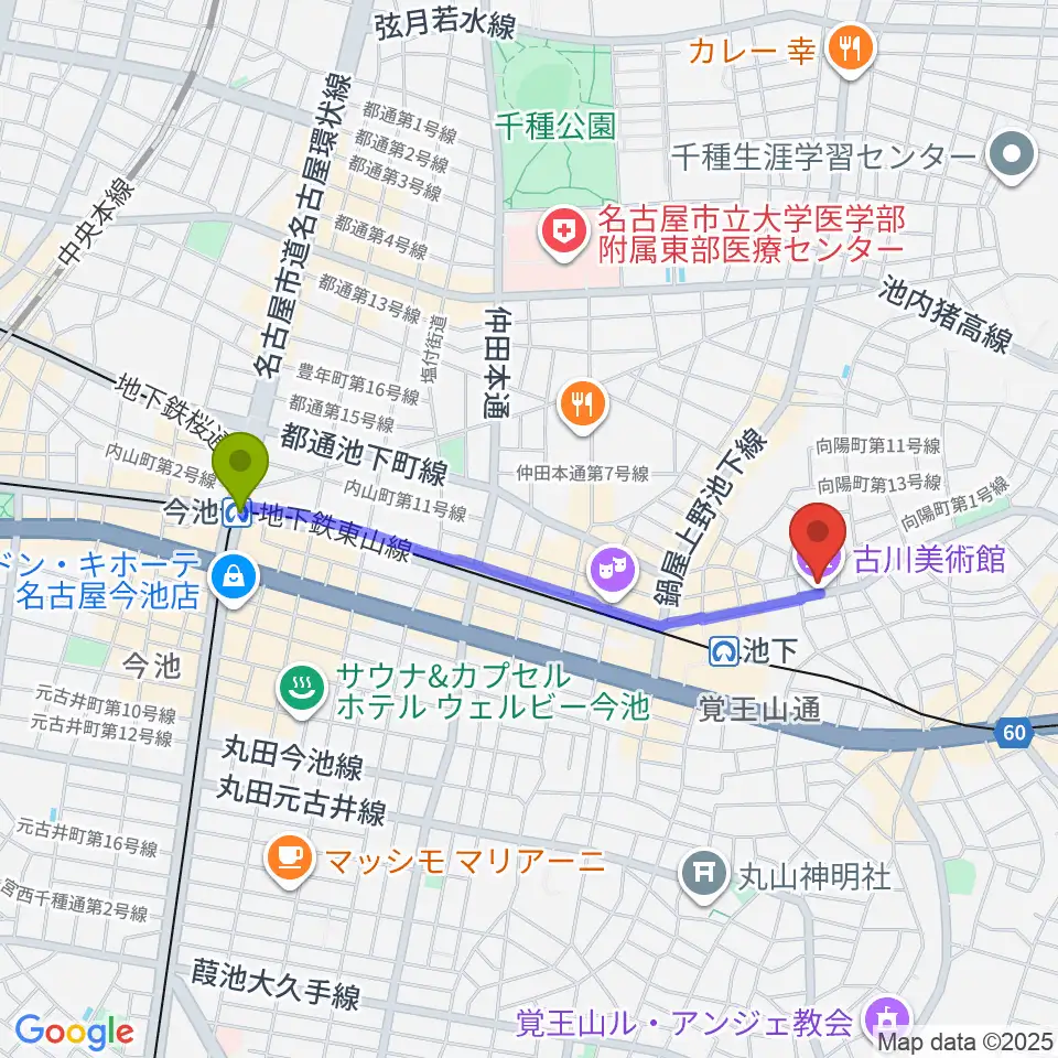 今池駅から古川美術館へのルートマップ地図