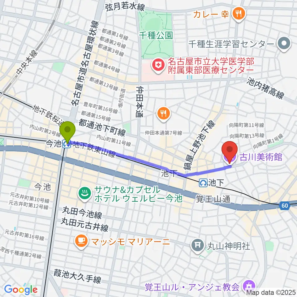 今池駅から古川美術館へのルートマップ地図