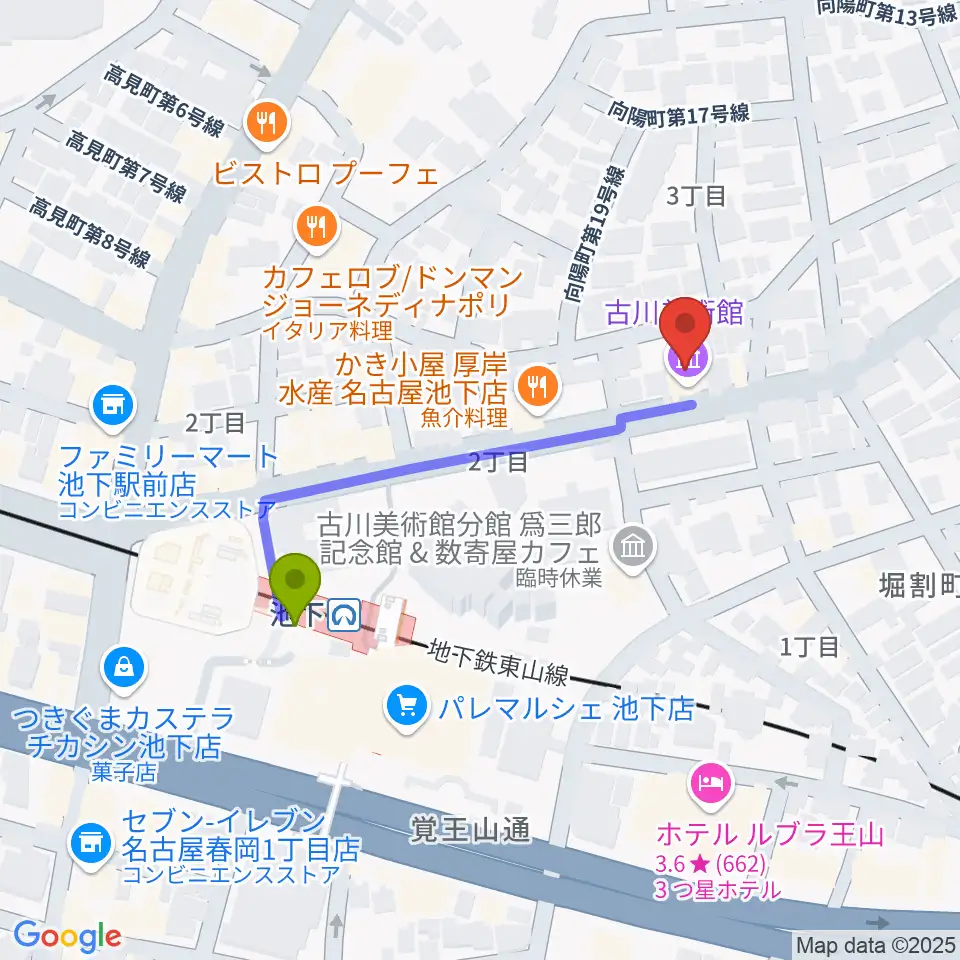 古川美術館の最寄駅池下駅からの徒歩ルート（約4分）地図