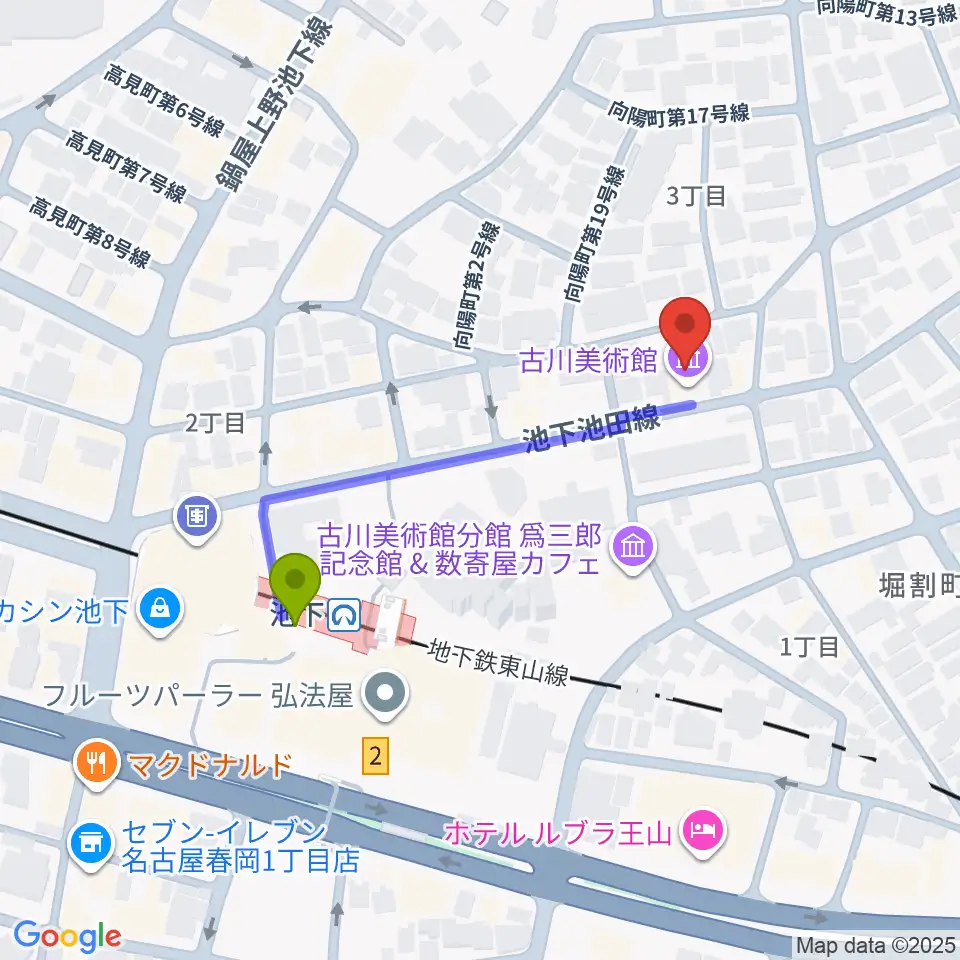 古川美術館の最寄駅池下駅からの徒歩ルート（約4分）地図
