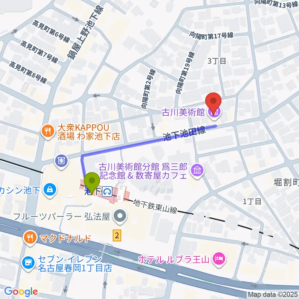 古川美術館の最寄駅池下駅からの徒歩ルート（約4分）地図