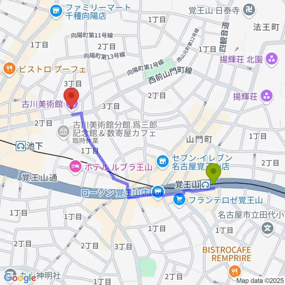 覚王山駅から古川美術館へのルートマップ地図