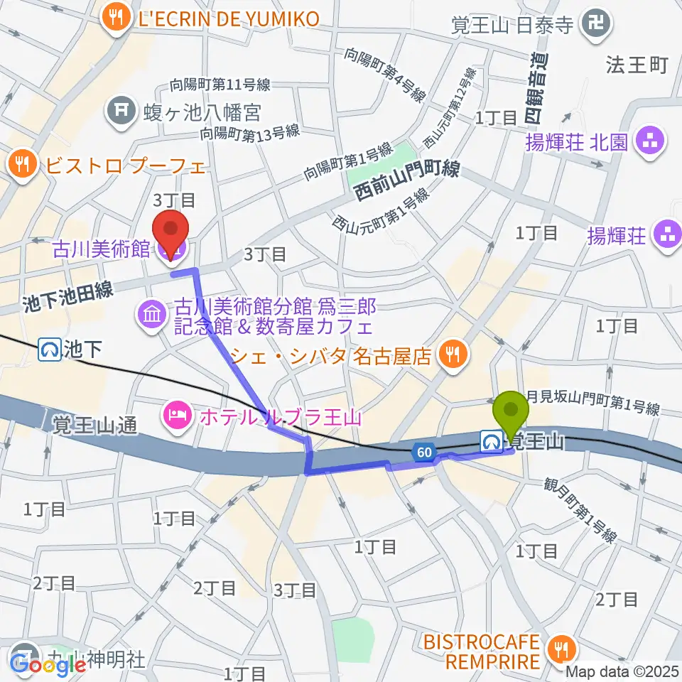 覚王山駅から古川美術館へのルートマップ地図