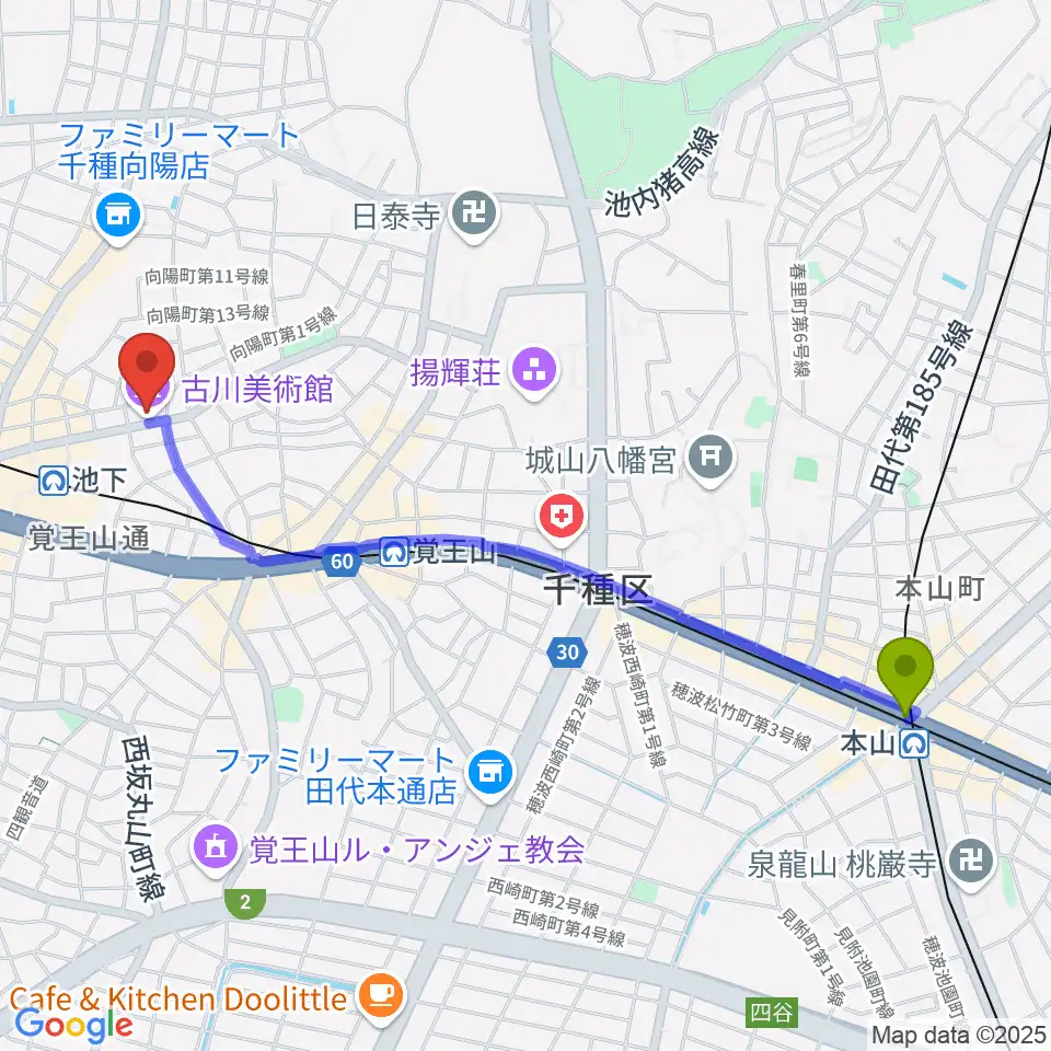 本山駅から古川美術館へのルートマップ地図