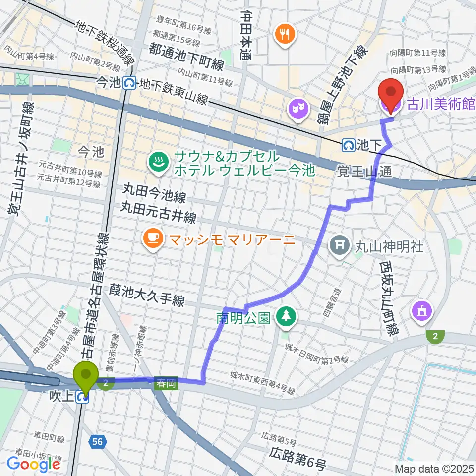 吹上駅から古川美術館へのルートマップ地図