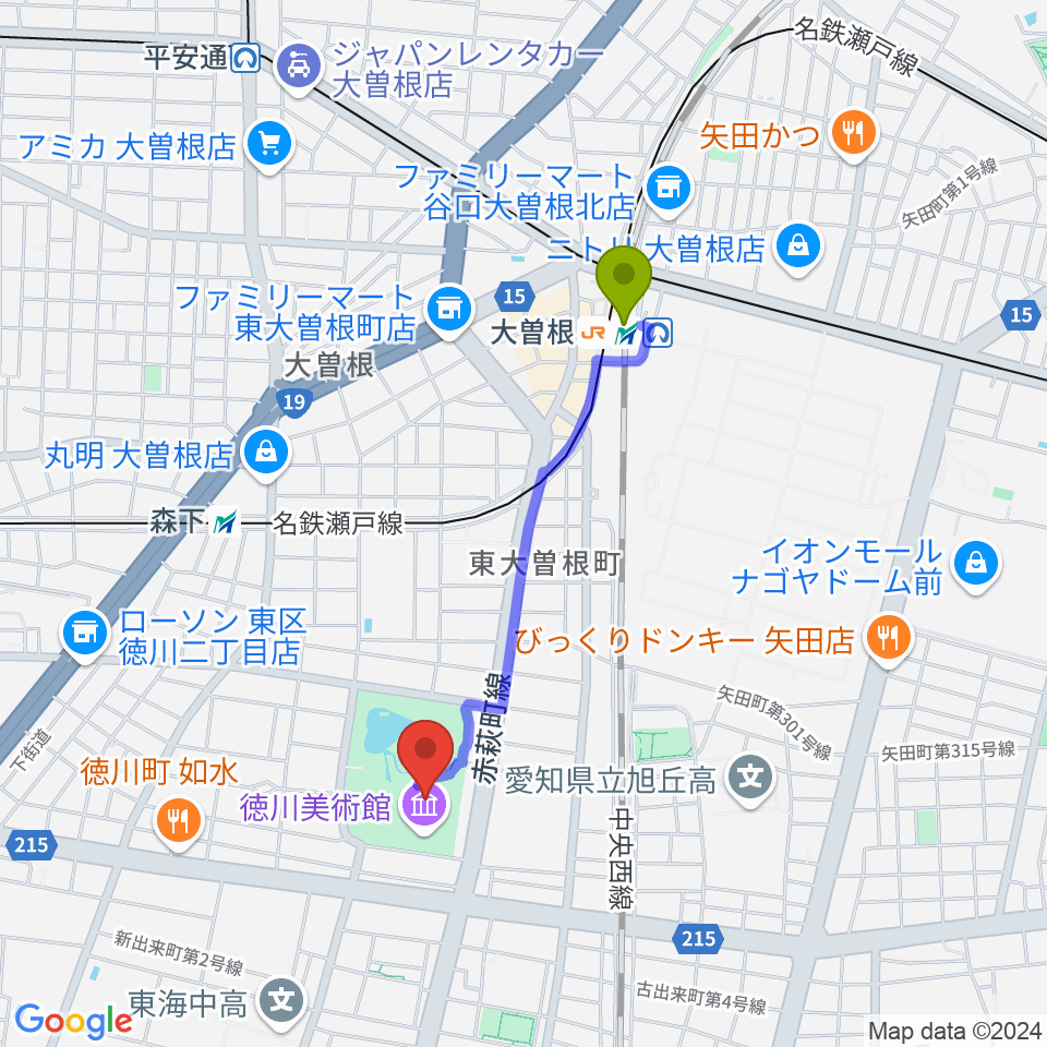 大曽根駅から徳川美術館へのルートマップ地図