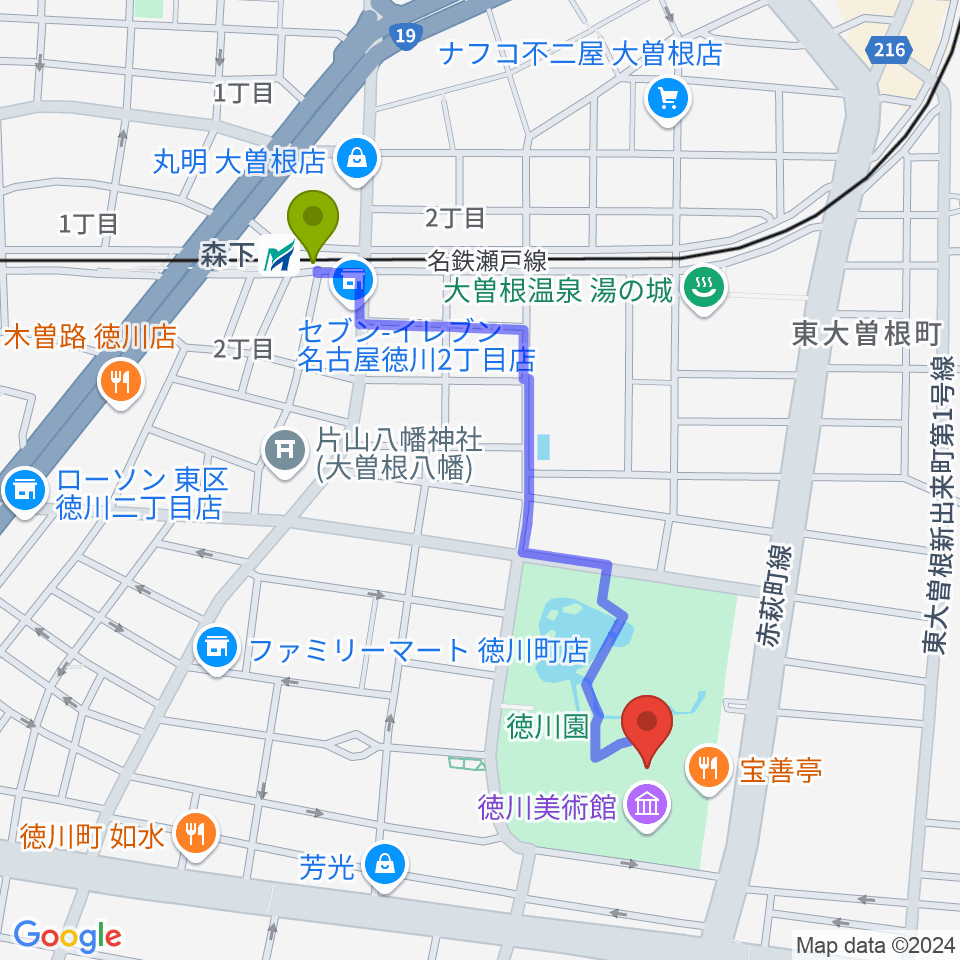 徳川美術館の最寄駅森下駅からの徒歩ルート（約10分）地図