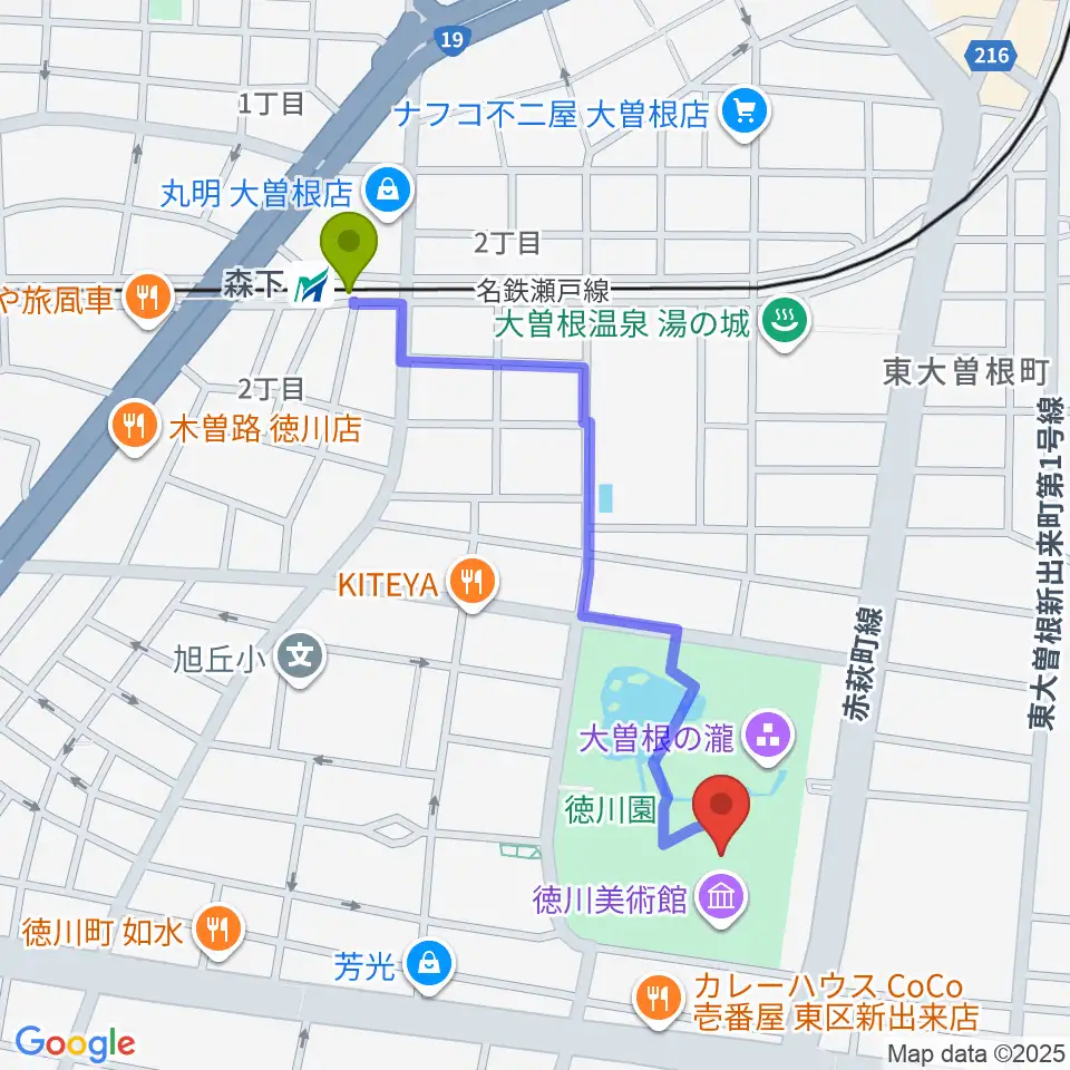 徳川美術館の最寄駅森下駅からの徒歩ルート（約10分）地図