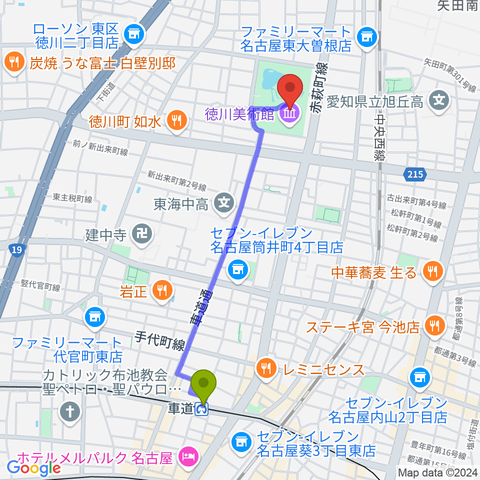 車道駅から徳川美術館へのルートマップ地図