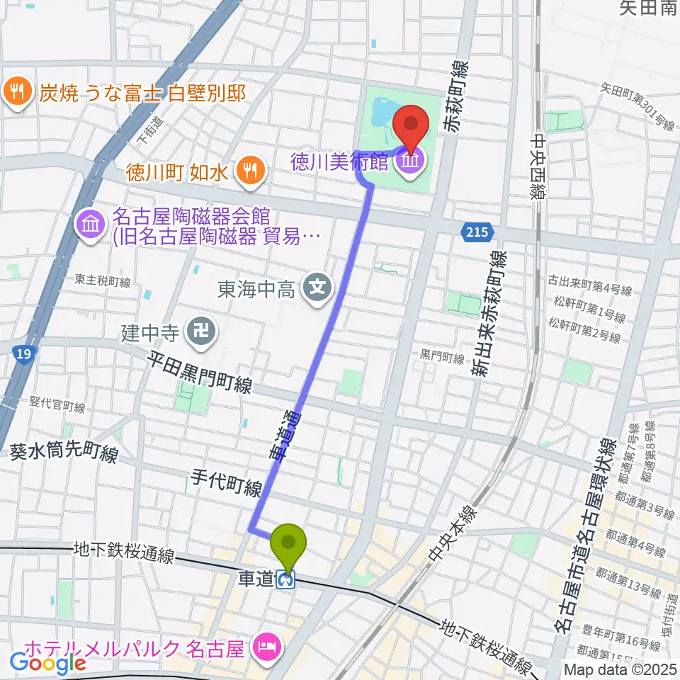 車道駅から徳川美術館へのルートマップ地図
