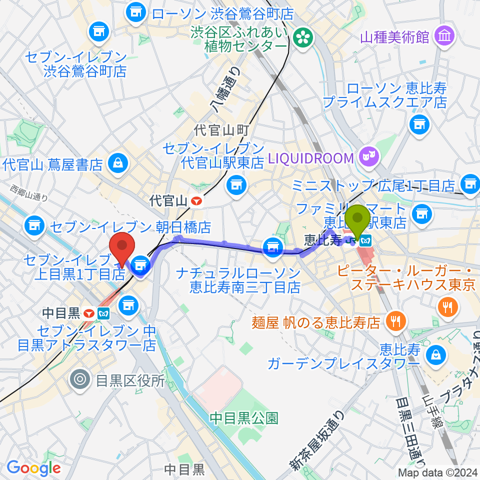 恵比寿駅から郷さくら美術館へのルートマップ地図