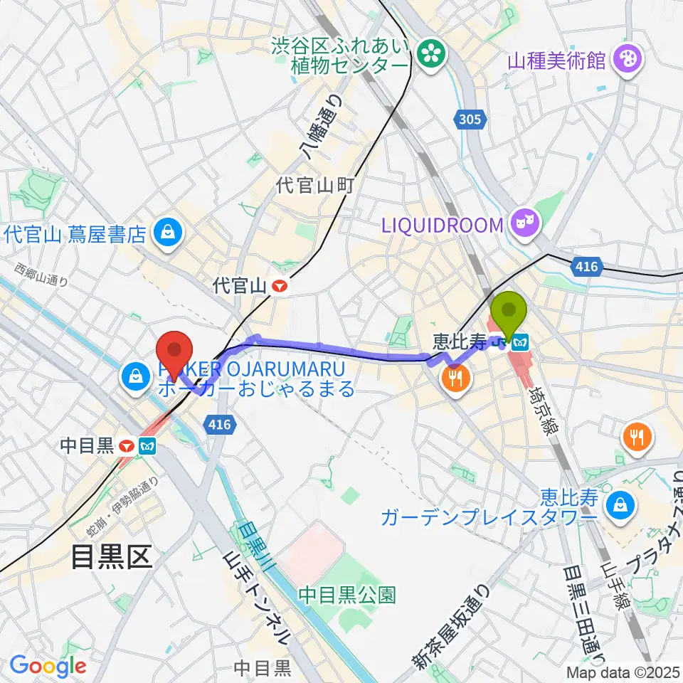 恵比寿駅から郷さくら美術館へのルートマップ地図