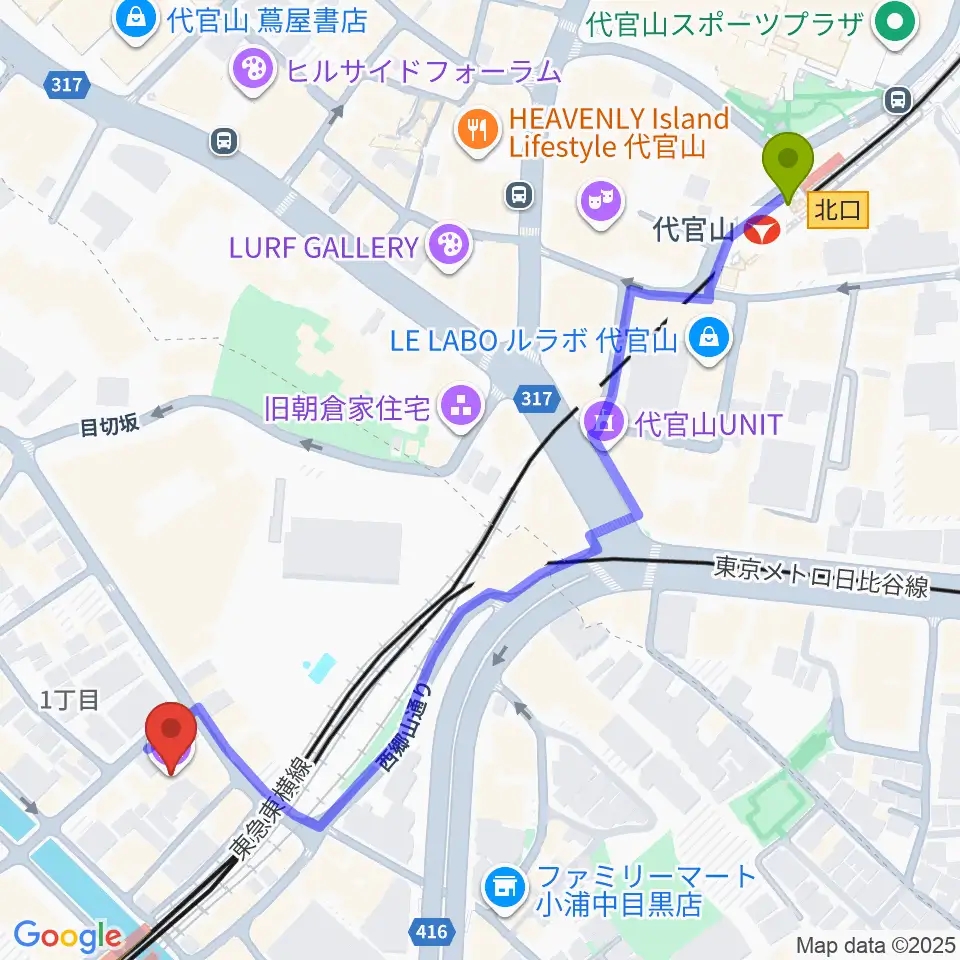 代官山駅から郷さくら美術館へのルートマップ地図