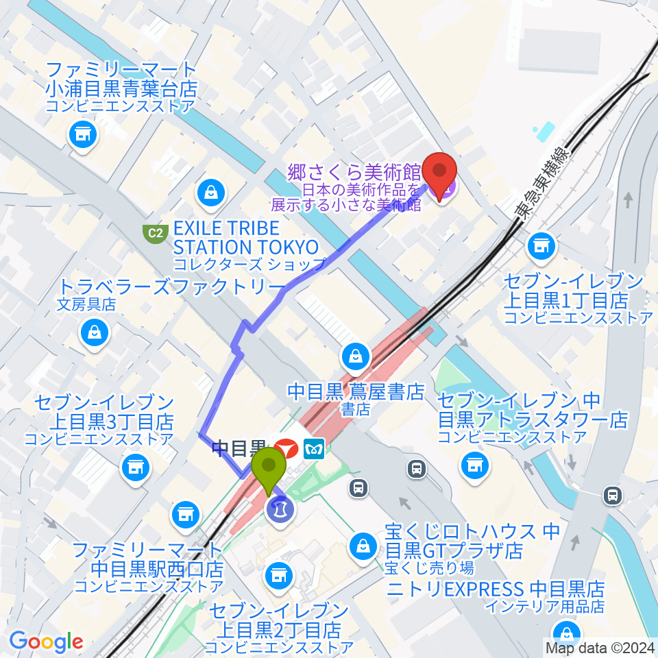 郷さくら美術館の最寄駅中目黒駅からの徒歩ルート（約4分）地図