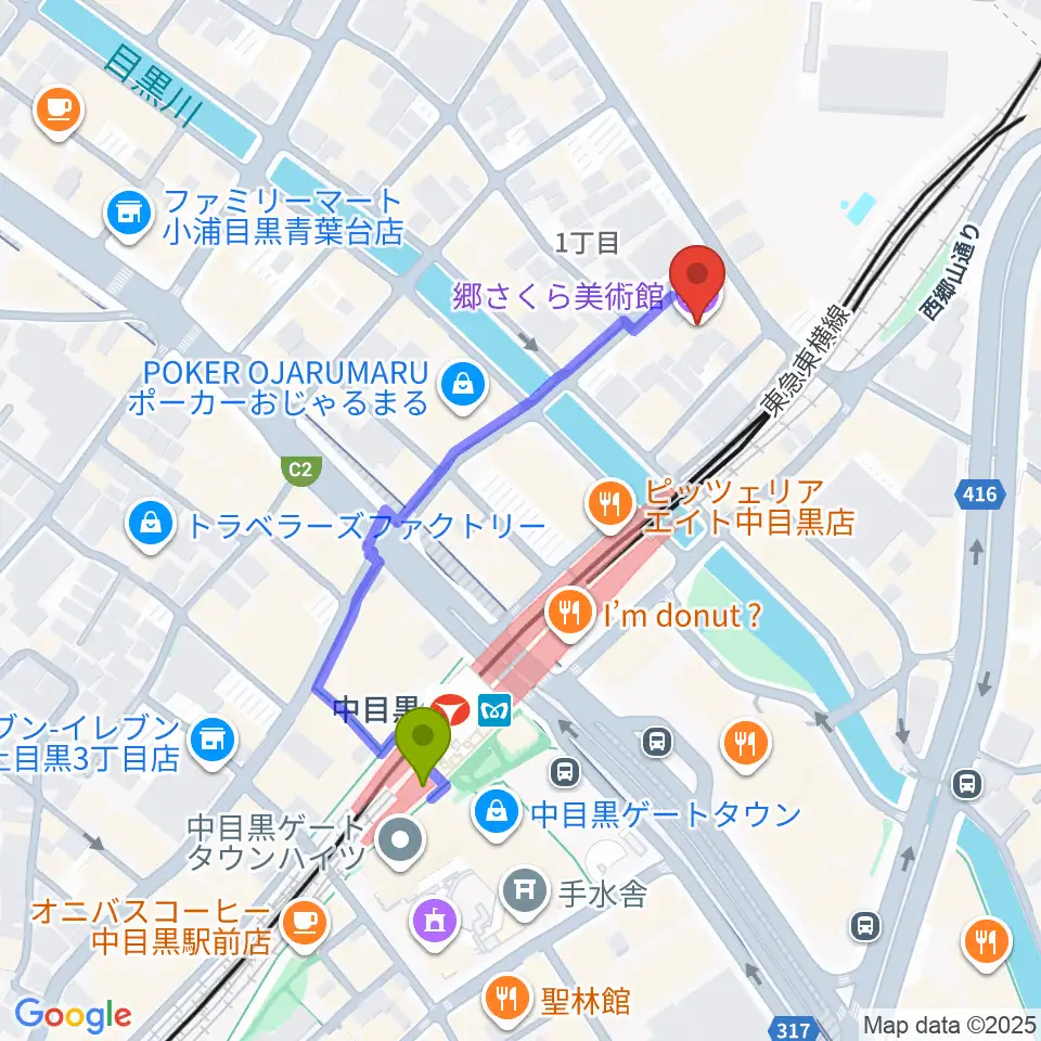 郷さくら美術館の最寄駅中目黒駅からの徒歩ルート（約4分）地図