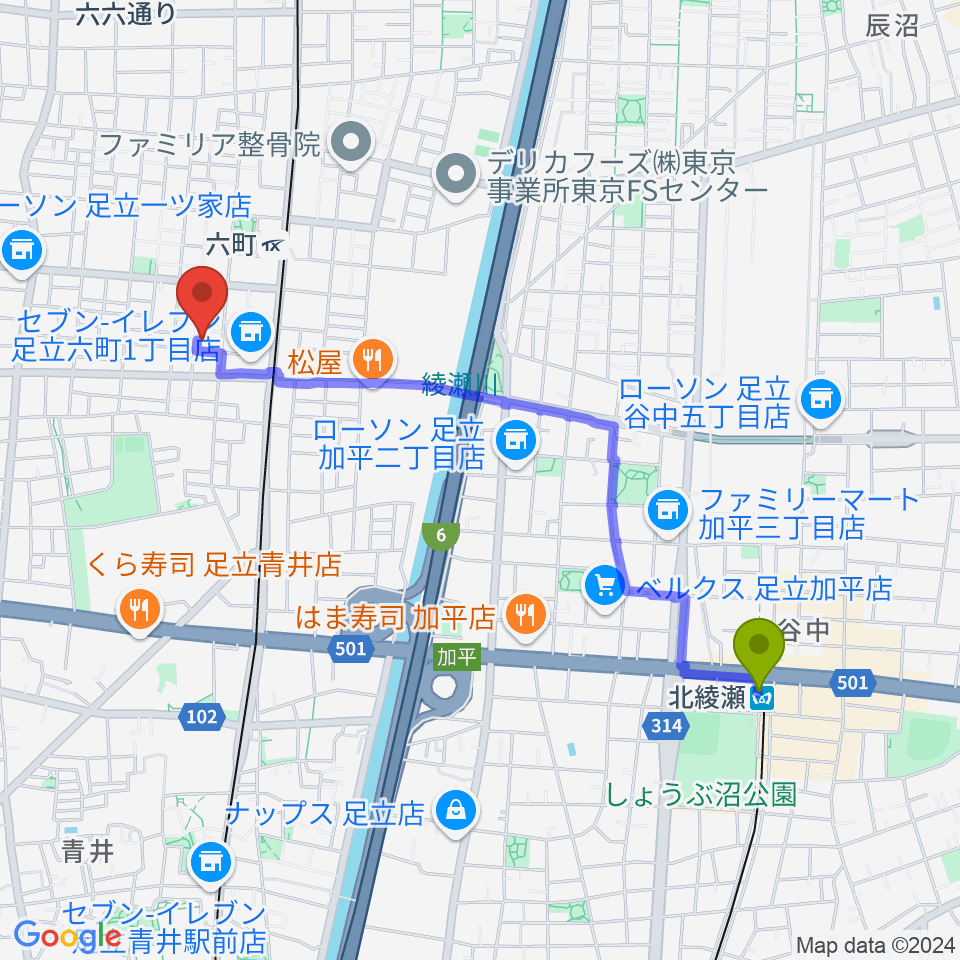 北綾瀬駅から六町ミュージアムフローラへのルートマップ地図