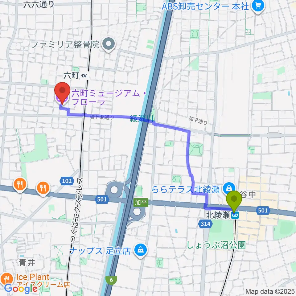 北綾瀬駅から六町ミュージアムフローラへのルートマップ地図