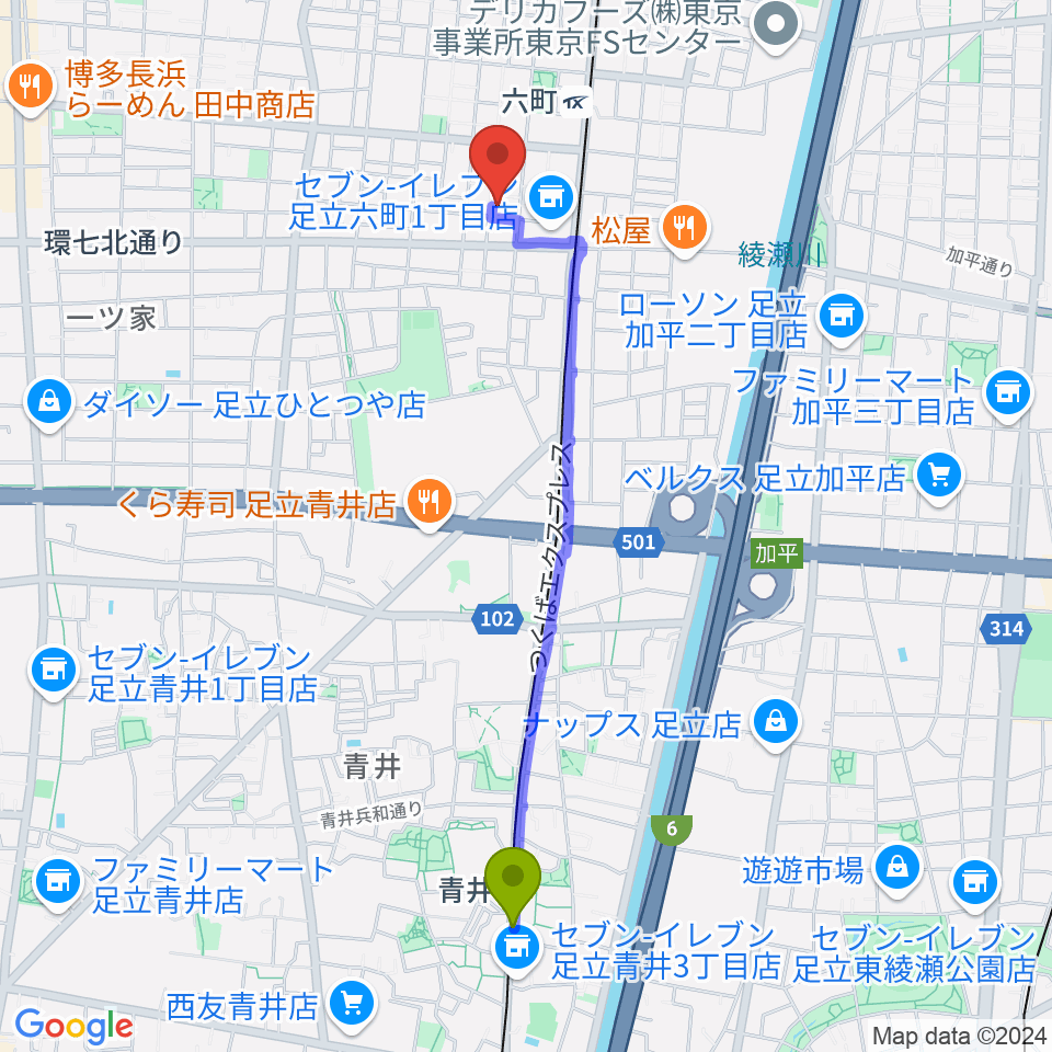 青井駅から六町ミュージアムフローラへのルートマップ地図