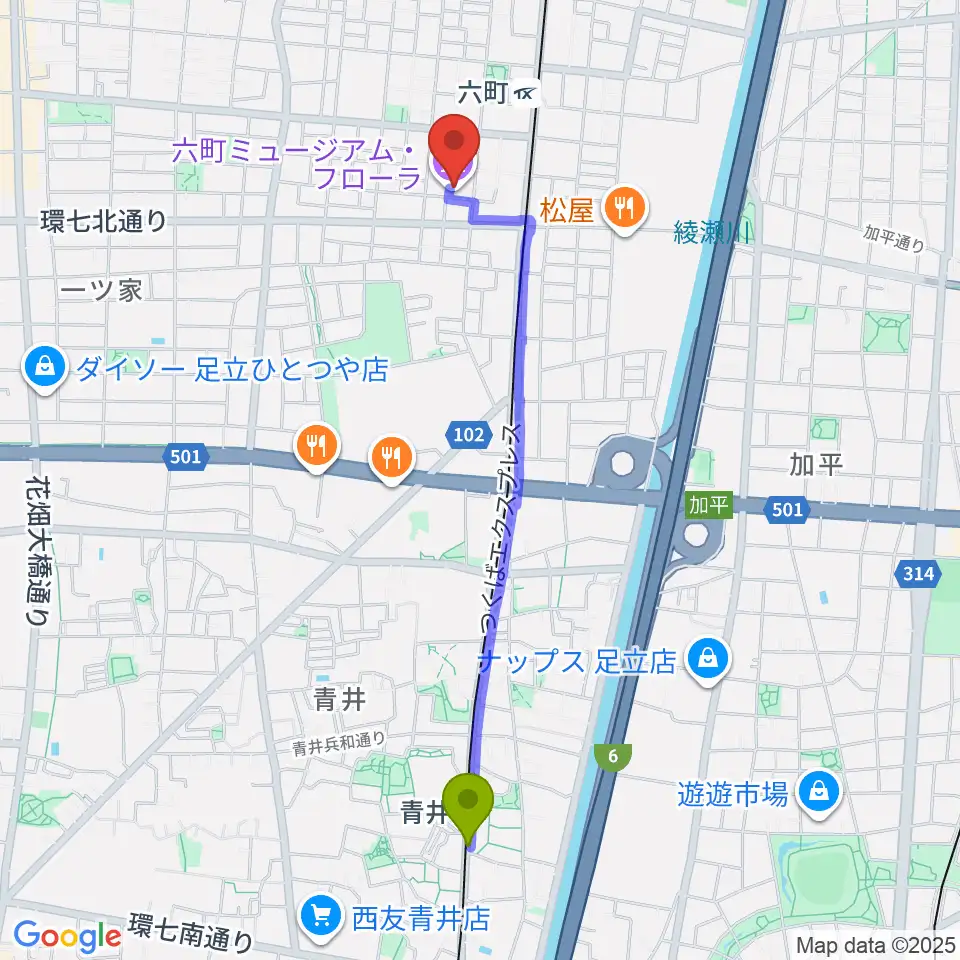 青井駅から六町ミュージアムフローラへのルートマップ地図