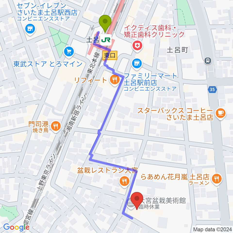 さいたま市大宮盆栽美術館の最寄駅土呂駅からの徒歩ルート（約6分）地図