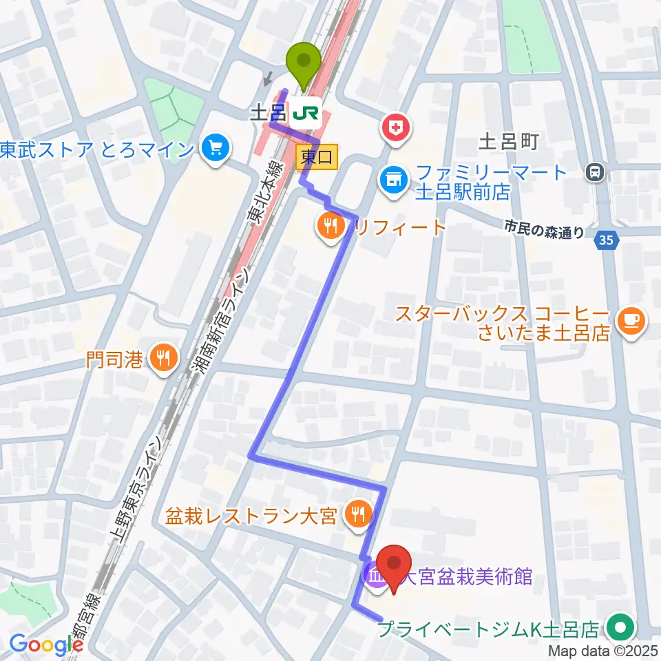 さいたま市大宮盆栽美術館の最寄駅土呂駅からの徒歩ルート（約6分）地図
