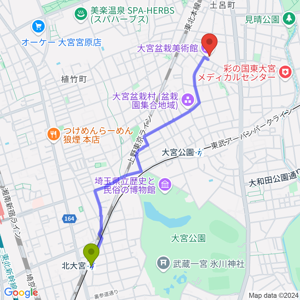 北大宮駅からさいたま市大宮盆栽美術館へのルートマップ地図