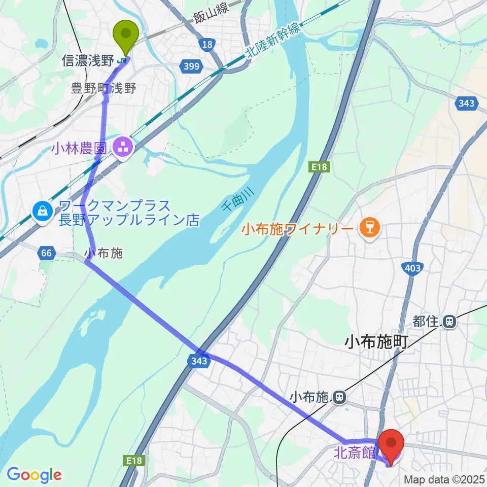 信濃浅野駅から信州小布施北斎館へのルートマップ地図