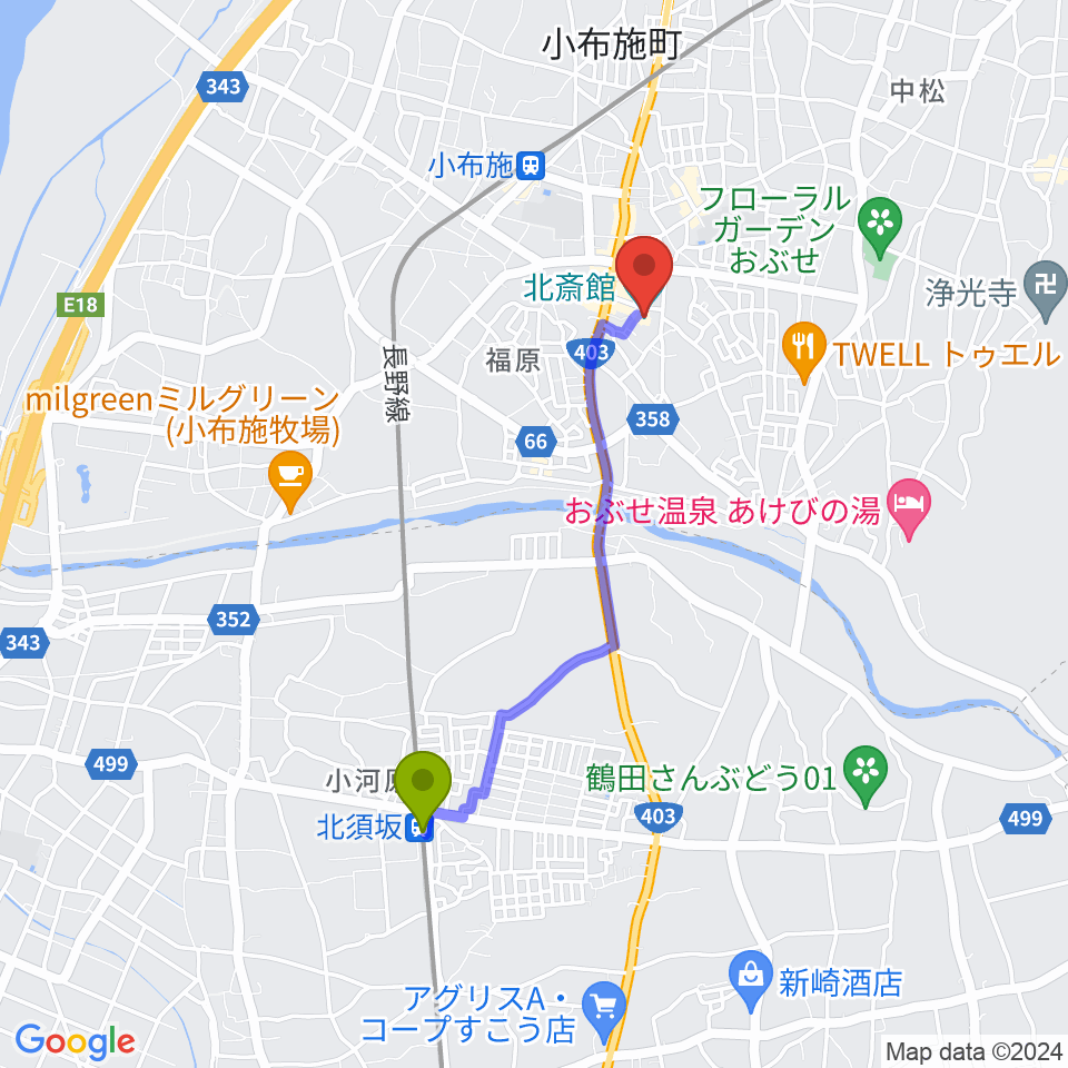 北須坂駅から信州小布施北斎館へのルートマップ地図