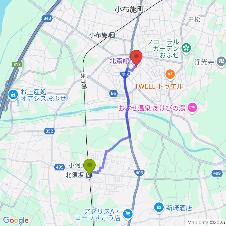 北須坂駅から信州小布施北斎館へのルートマップ地図