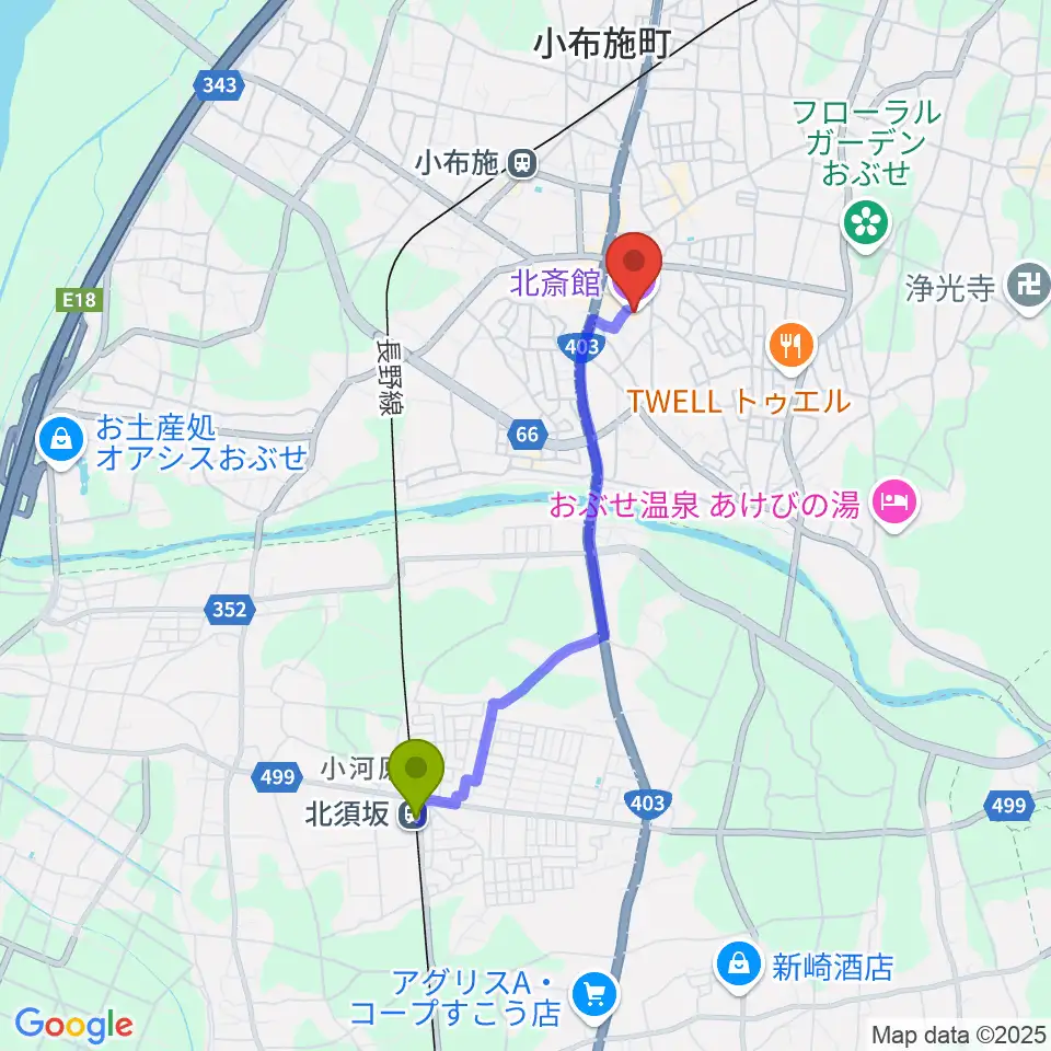 北須坂駅から信州小布施北斎館へのルートマップ地図