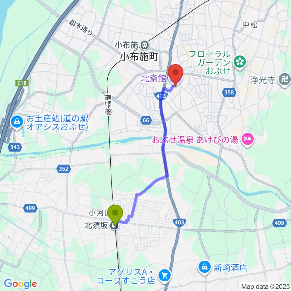 北須坂駅から信州小布施北斎館へのルートマップ地図