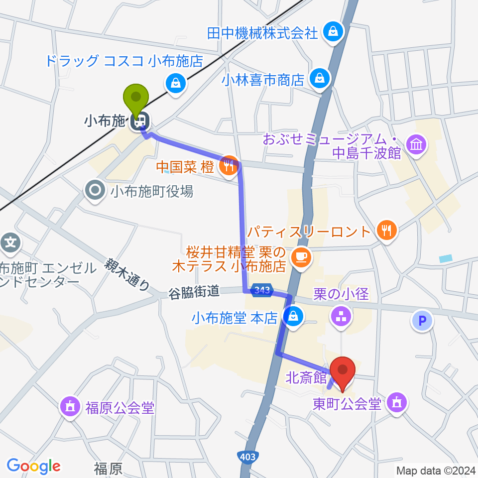 信州小布施北斎館の最寄駅小布施駅からの徒歩ルート（約11分）地図