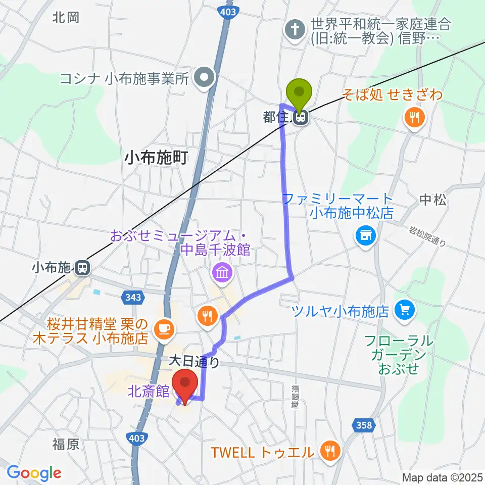 都住駅から信州小布施北斎館へのルートマップ地図