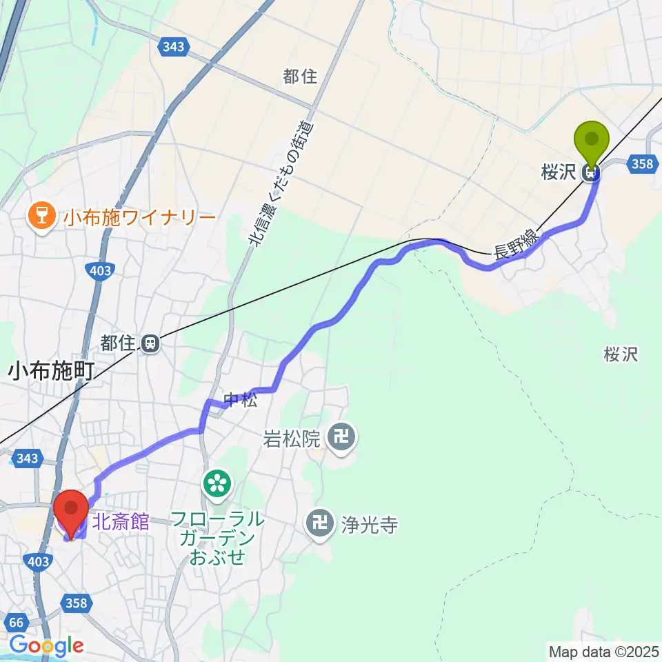 桜沢駅から信州小布施北斎館へのルートマップ地図