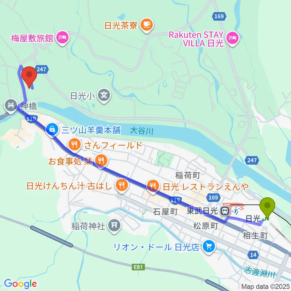 小杉放菴記念美術館の最寄駅日光駅からの徒歩ルート（約29分）地図
