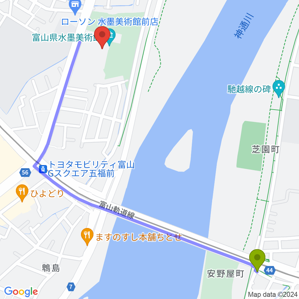 安野屋駅から富山県水墨美術館へのルートマップ地図
