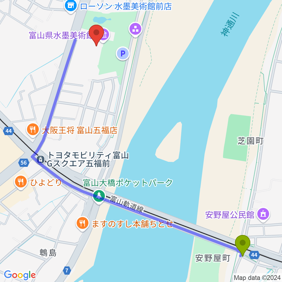 安野屋駅から富山県水墨美術館へのルートマップ地図