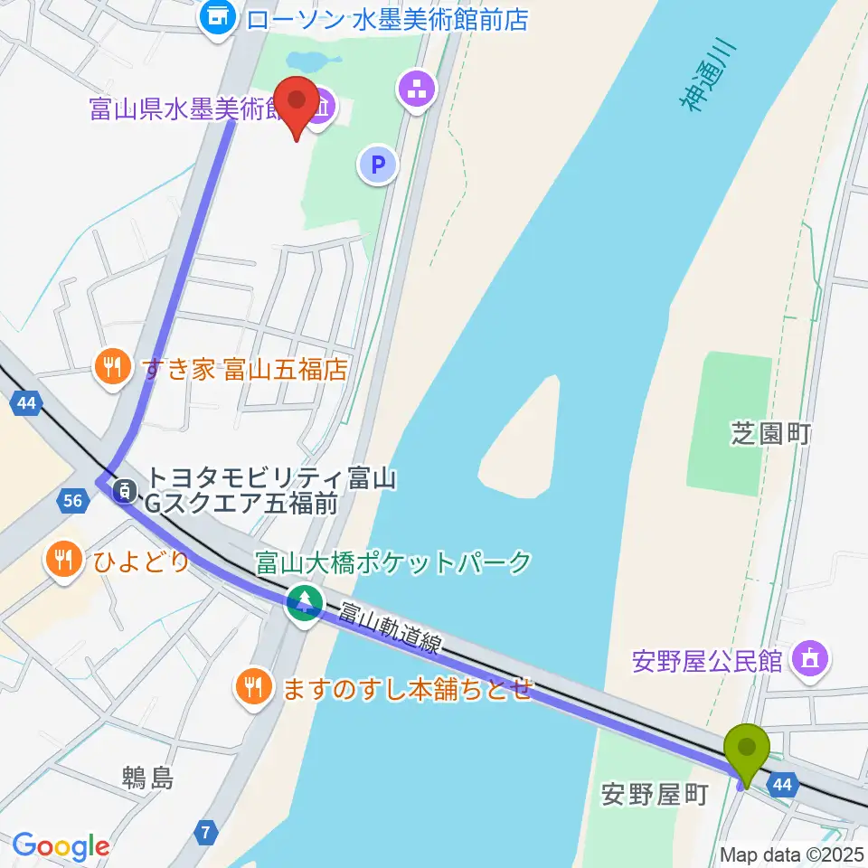 安野屋駅から富山県水墨美術館へのルートマップ地図