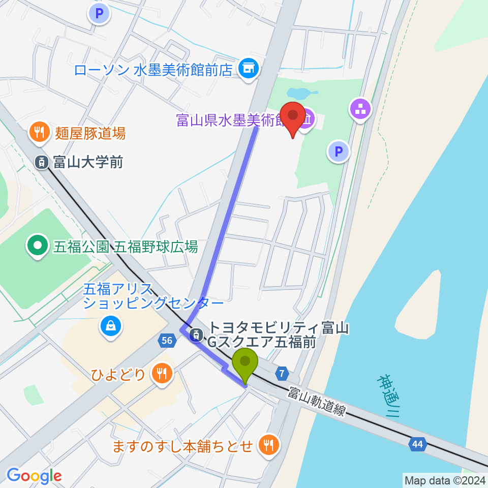 富山県水墨美術館の最寄駅トヨタモビリティ富山 Gスクエア五福前（五福末広町）駅からの徒歩ルート（約8分）地図