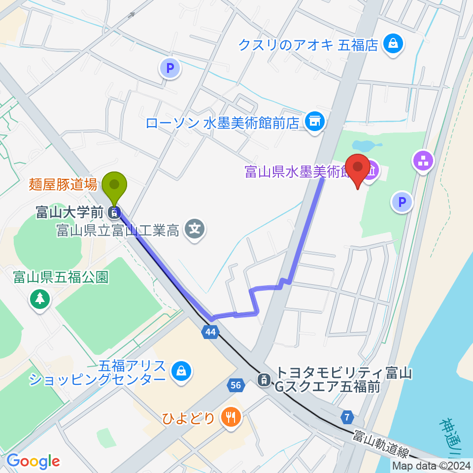 大学前駅から富山県水墨美術館へのルートマップ地図