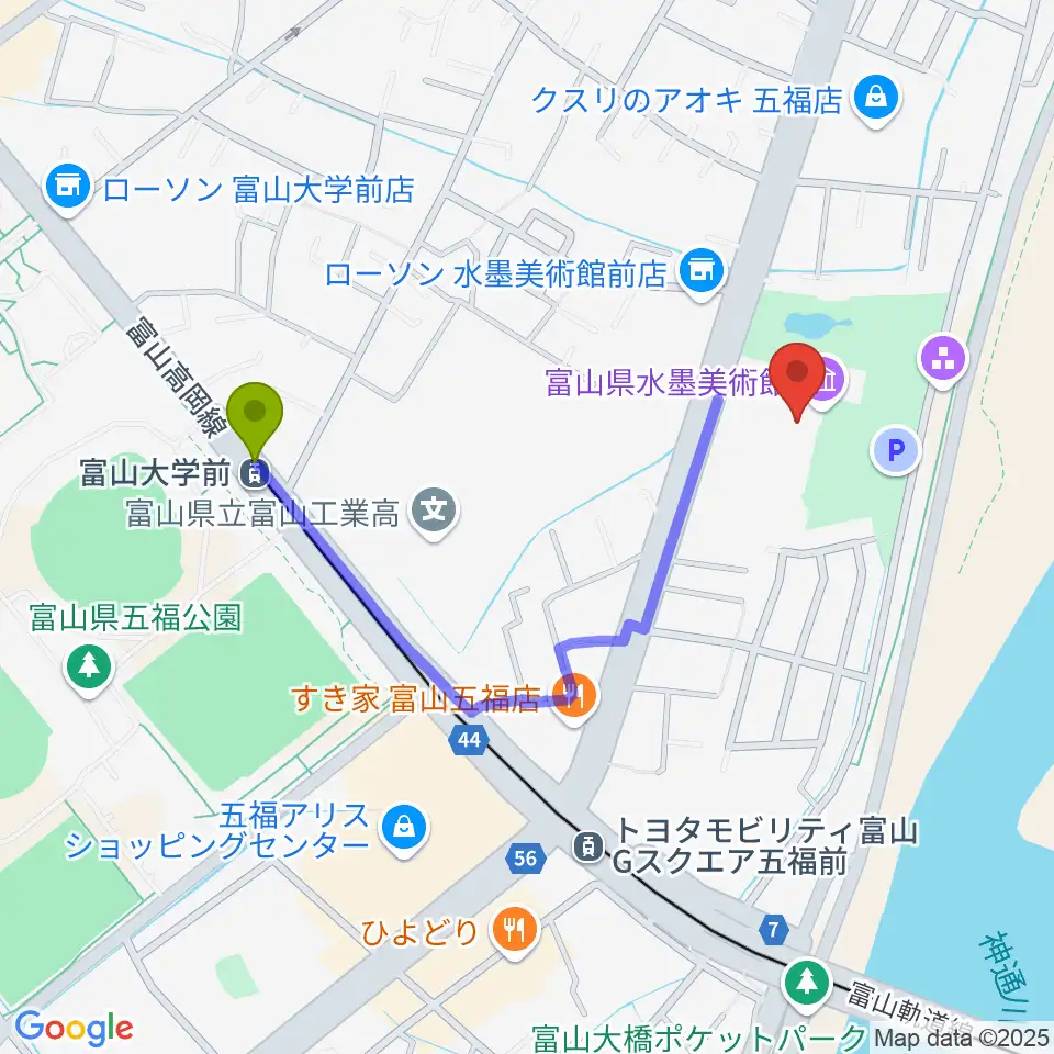 大学前駅から富山県水墨美術館へのルートマップ地図