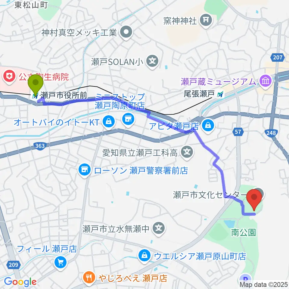 瀬戸市役所前駅から瀬戸市美術館へのルートマップ地図