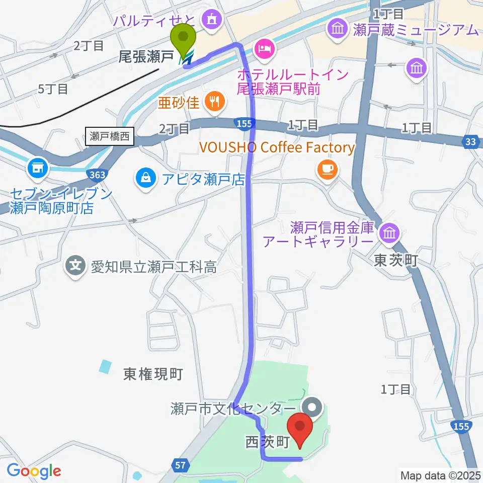 瀬戸市美術館の最寄駅尾張瀬戸駅からの徒歩ルート（約13分）地図