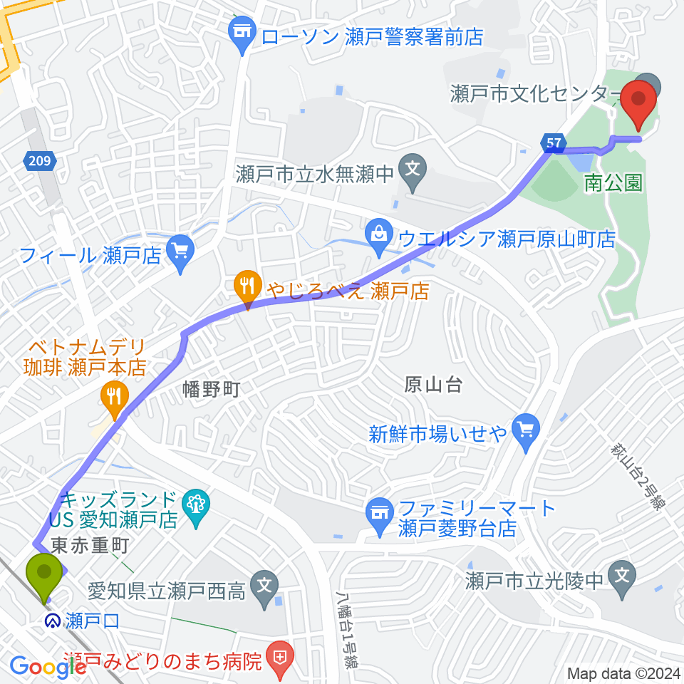 瀬戸口駅から瀬戸市美術館へのルートマップ地図