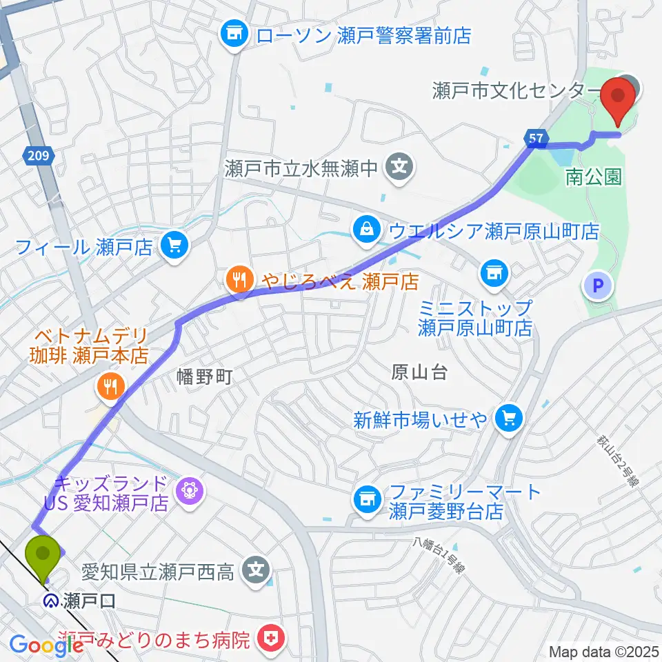 瀬戸口駅から瀬戸市美術館へのルートマップ地図