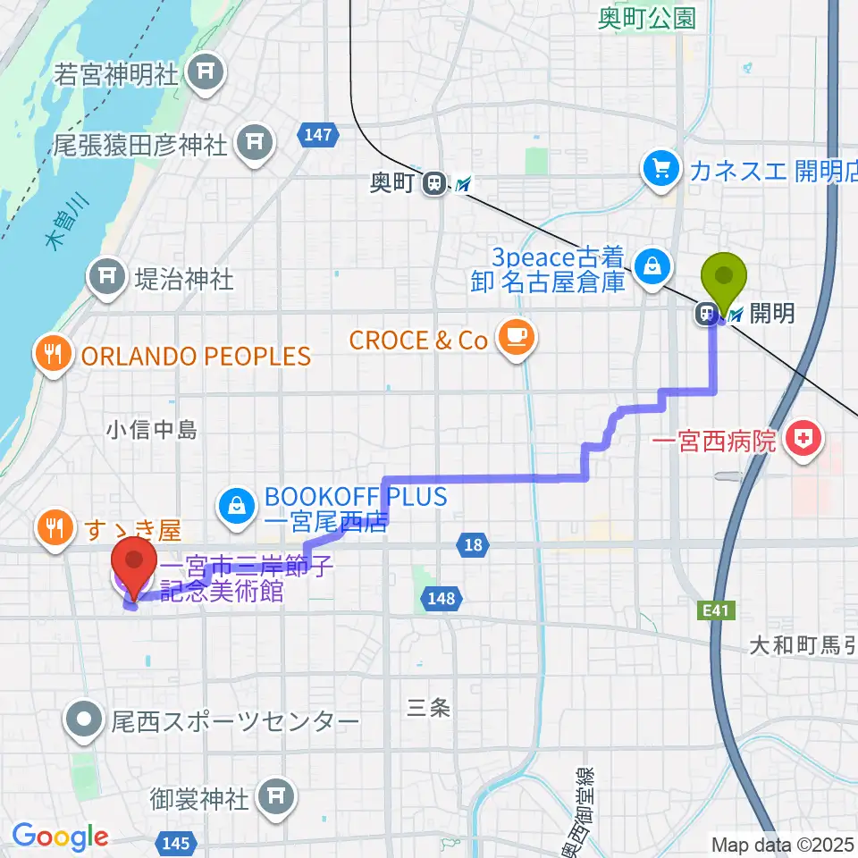 開明駅から一宮市三岸節子記念美術館へのルートマップ地図