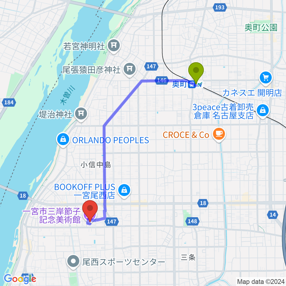 一宮市三岸節子記念美術館の最寄駅奥町駅からの徒歩ルート（約38分）地図