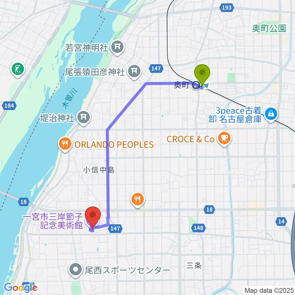 一宮市三岸節子記念美術館の最寄駅奥町駅からの徒歩ルート（約38分）地図