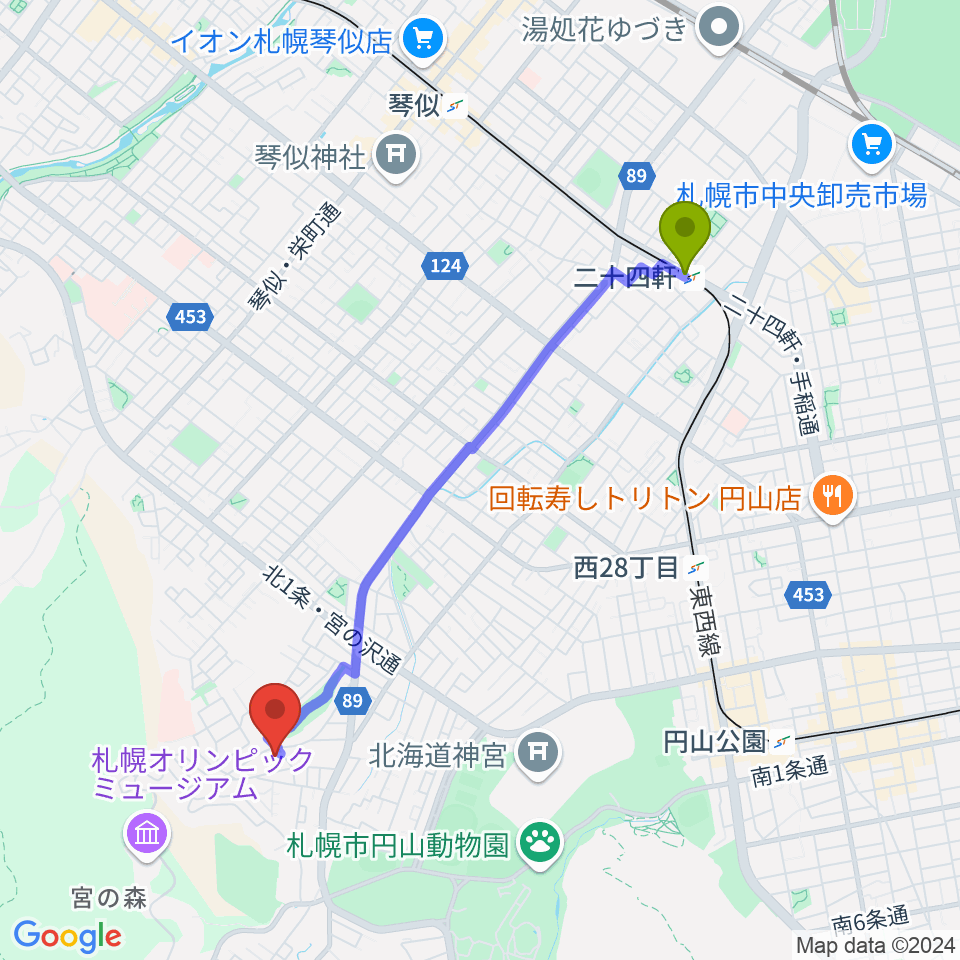二十四軒駅から本郷新記念札幌彫刻美術館へのルートマップ地図