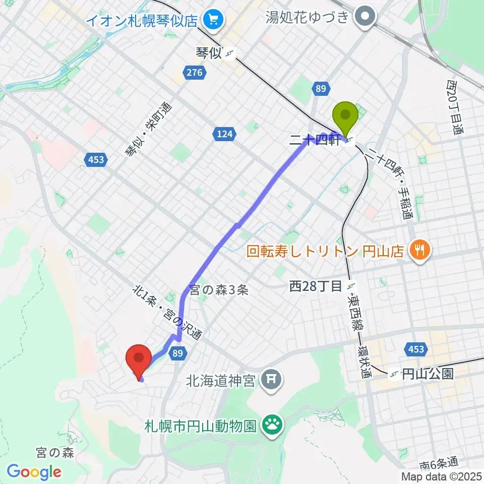 二十四軒駅から本郷新記念札幌彫刻美術館へのルートマップ地図